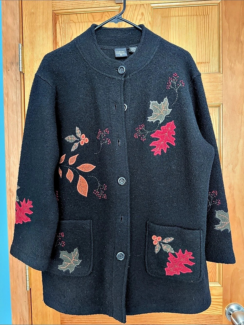 Nordic Designs Embroidered Floral Wool Pea Coat in Black
